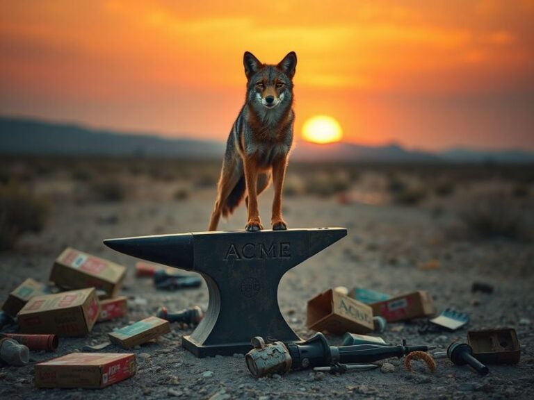 A split-screen illustration showing a vintage Warner Bros. animation cel of Wile E. Coyote mid-fall alongside a modern courtr