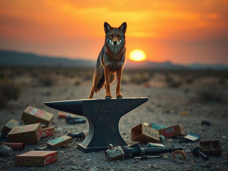 A split-screen illustration showing a vintage Warner Bros. animation cel of Wile E. Coyote mid-fall alongside a modern courtr