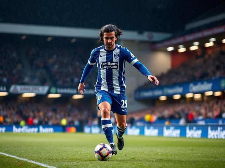 Marc Cucurella in action for Brighton & Hove Albion, wearing the team's blue and white striped jersey, running with the ball