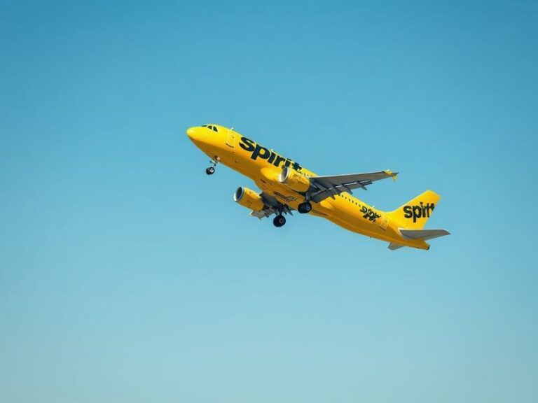 A split-screen image: on the left, Spirit Airlines' iconic yellow airplane against a bright blue sky; on the right, a stock c
