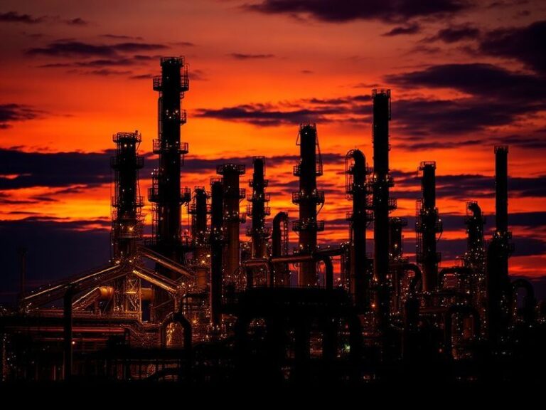 A high-tech industrial facility at dusk, with glowing catalytic reactors and pipelines, symbolizing innovation and efficiency