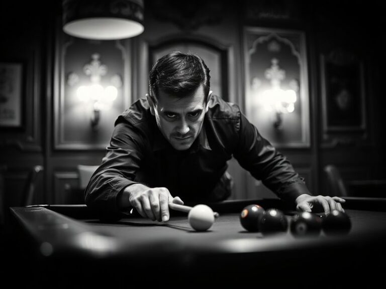 A dynamic mid-action shot of Hossein Vafaei in a black and white snooker jersey, leaning over the table with intense focus, c