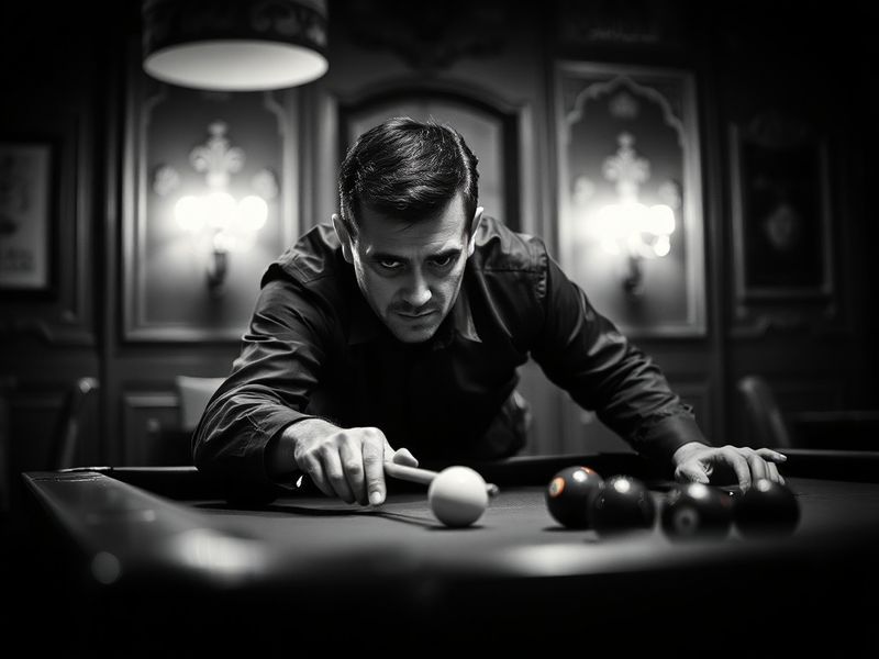 A dynamic mid-action shot of Hossein Vafaei in a black and white snooker jersey, leaning over the table with intense focus, c