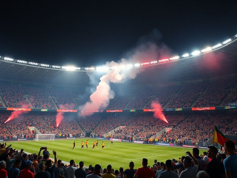 A vibrant stadium atmosphere during an Al-Nassr vs Al-Ahli match, featuring Ronaldo in action surrounded by fans holding scar