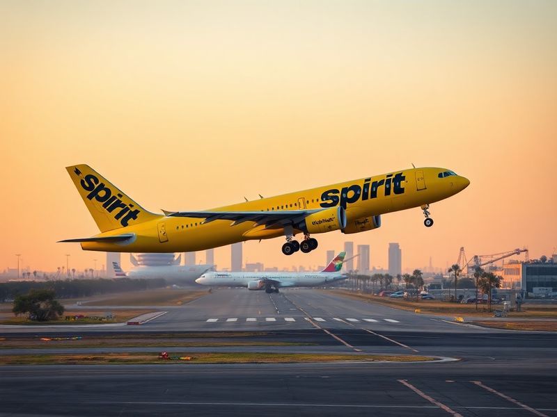 A modern Spirit Airlines aircraft on a tarmac with a city skyline in the background, captured during golden hour. The plane's