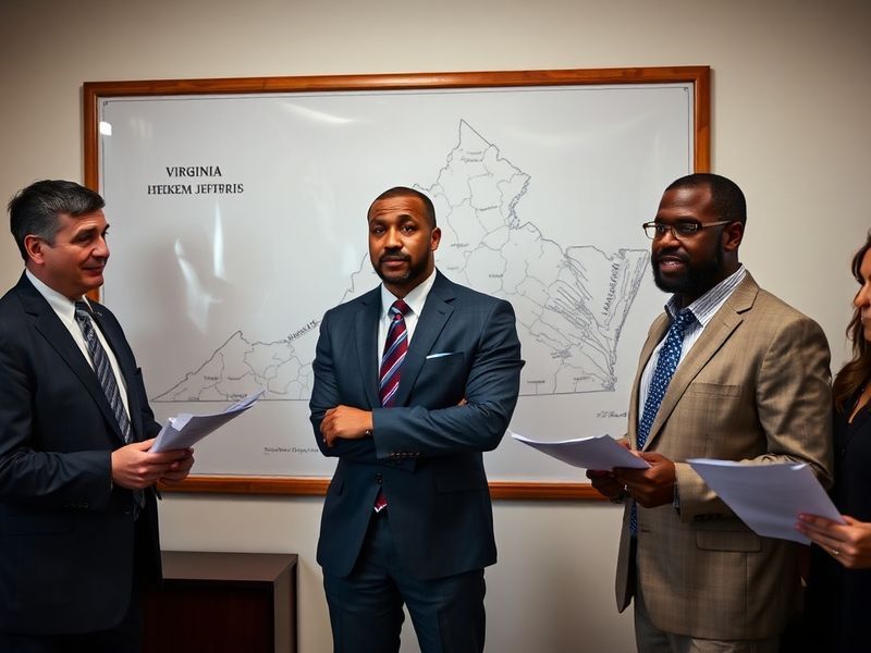 A split-image illustration showing Hakeem Jeffries in a thoughtful pose on one side and a Virginia state map with redrawn con