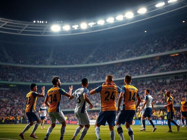 A vibrant stadium atmosphere during a Saudi Pro League match between Al-Nassr and Al-Ahli. The scene includes the King Abdull