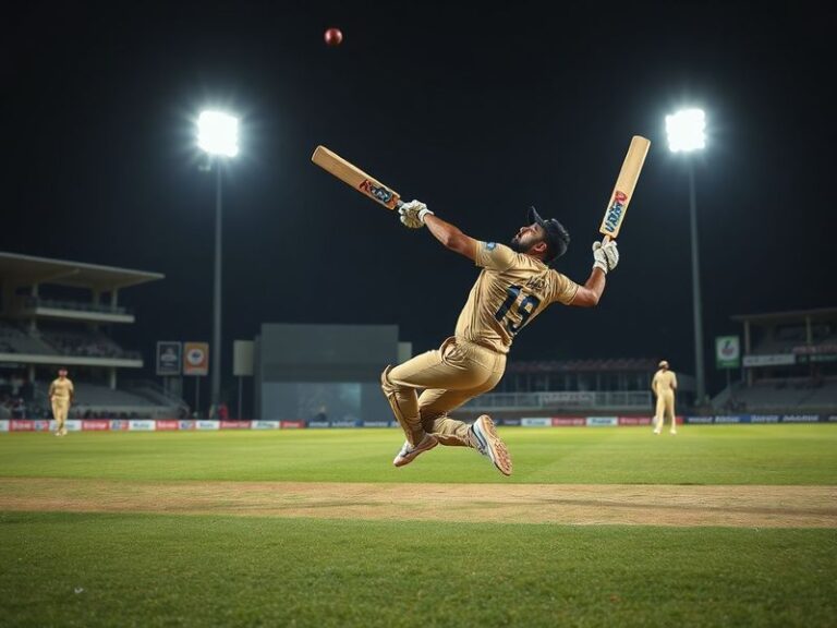 A dynamic action shot of Mayank Yadav bowling at high speed in an IPL match, wearing the Lucknow Super Giants jersey with a f