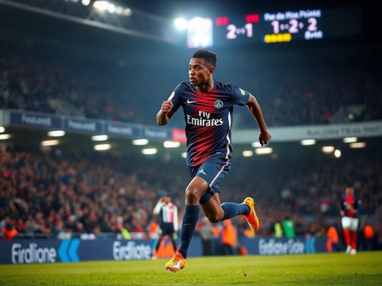 A dynamic shot from the PSG vs Nantes match at Parc des Princes, showing Mbappé celebrating his goal with teammates and Nante
