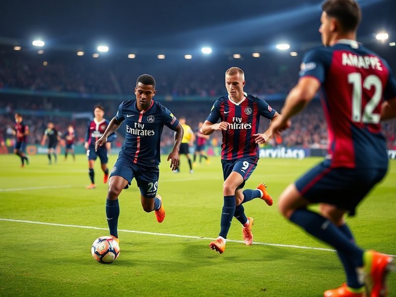 A dramatic shot of Parc des Princes during PSG vs Nantes match, showing both teams in action with intense focus. The stadium