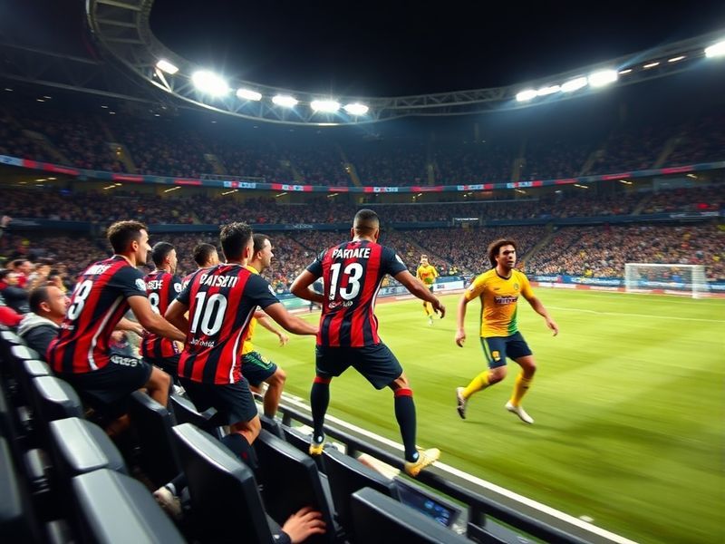 A dynamic action shot of PSG players celebrating a goal against Nantes at Parc des Princes, highlighting Mbappé in mid-celebr