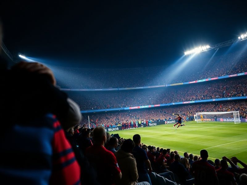 A vibrant stadium atmosphere at Stage Front Stadium during an Espanyol vs Barcelona match, capturing the intensity, fan banne