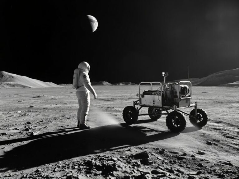 A photograph of astronaut David Scott standing on the lunar surface during Apollo 15, wearing a spacesuit and holding a hamme