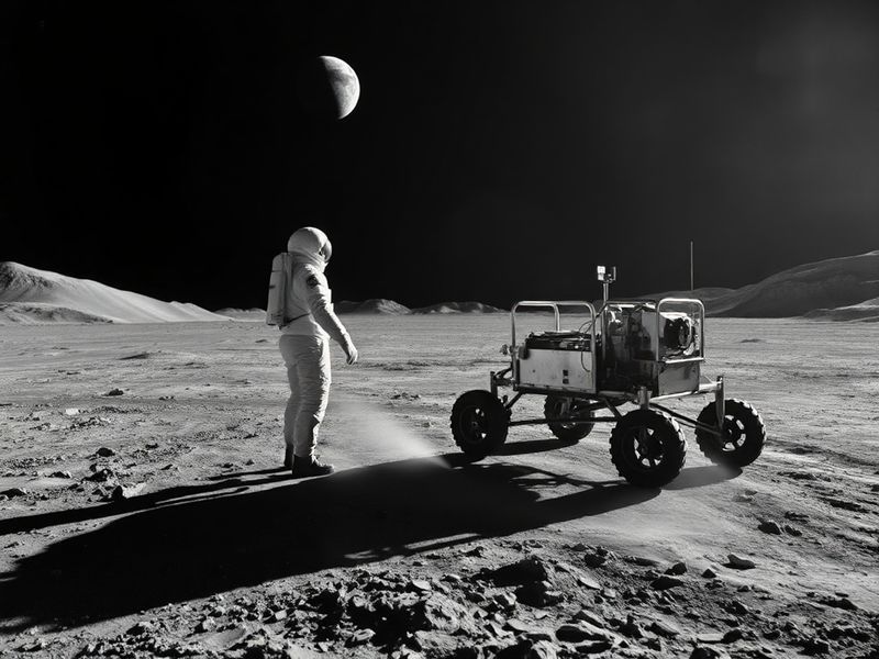 A photograph of astronaut David Scott standing on the lunar surface during Apollo 15, wearing a spacesuit and holding a hamme