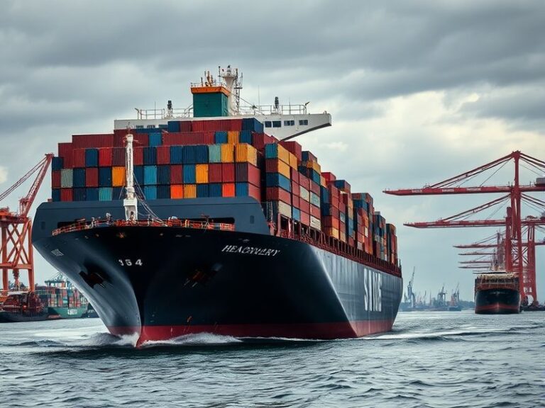 A high-angle shot of massive container ships docked at a modern port during golden hour, with cranes loading colorful cargo c