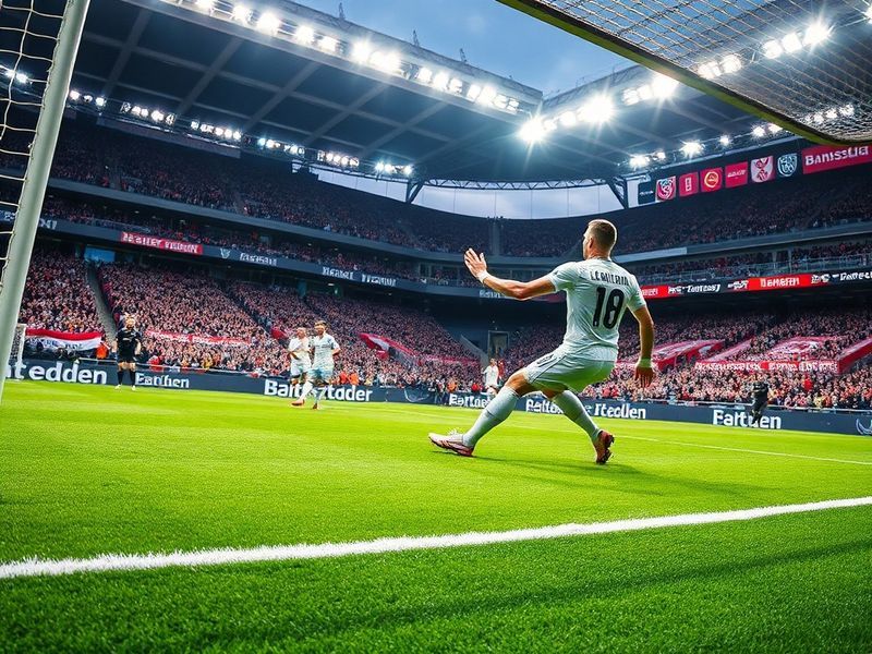 A dynamic action shot of Bayer Leverkusen players in their black and red kit celebrating a goal against Bayern Munich in a pa