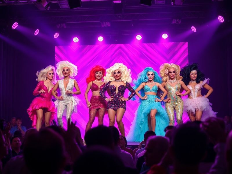 A vibrant collage of the Season 11 All Stars queens in a glamorous, neon-lit studio, with international flags subtly integrat