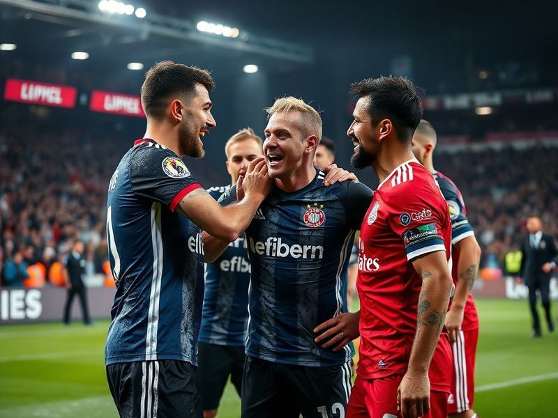 A dynamic action shot of Bayer Leverkusen players celebrating a goal against Bayern Munich, with Leverkusen’s team colors (re