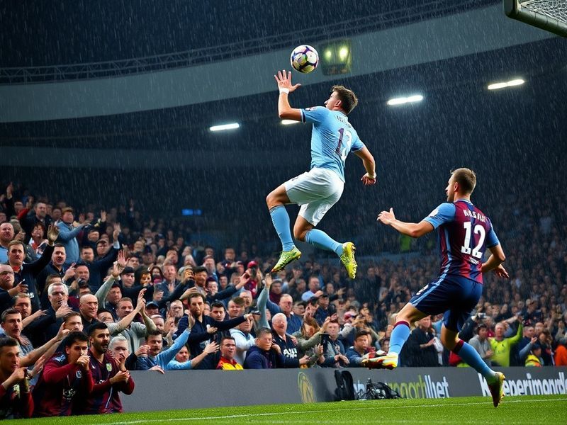 A dramatic shot of Burnley players celebrating a goal against Manchester City at Turf Moor, with the Manchester City players