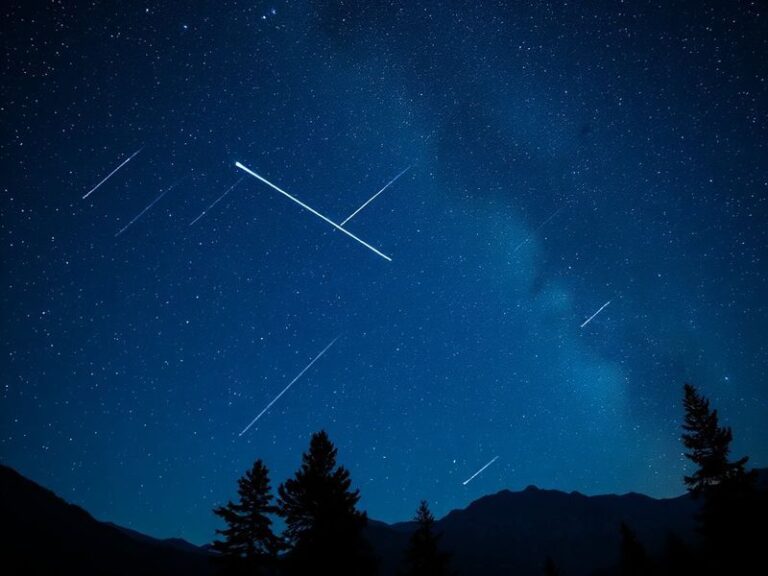 A serene night scene featuring a dark sky filled with stars, a faint meteor streak across Lyra, and a lone observer lying on