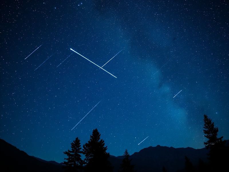 A serene night scene featuring a dark sky filled with stars, a faint meteor streak across Lyra, and a lone observer lying on