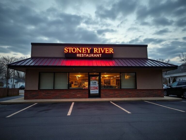 A well-lit exterior of the Stoney River restaurant in Towson, Maryland at dusk, with its sign illuminated and a few patrons e
