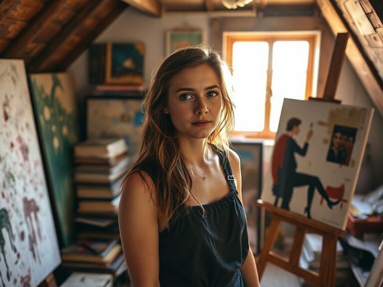 A professional headshot of Emma Laird on stage, bathed in warm theatrical lighting, wearing a vintage-inspired outfit with a