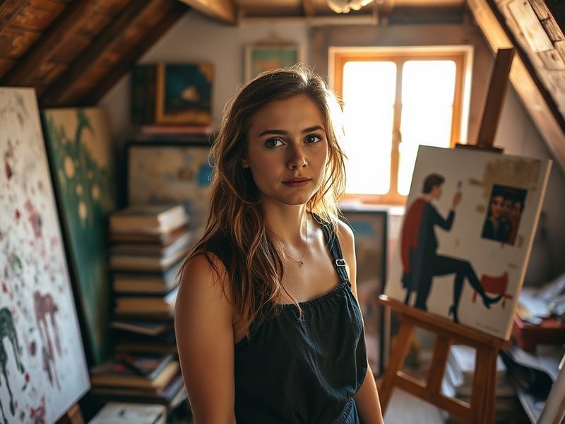 A professional headshot of Emma Laird on stage, bathed in warm theatrical lighting, wearing a vintage-inspired outfit with a