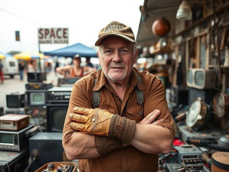 A well-lit home office with shelves lined with rare collectibles—vintage toys, signed records, and sports memorabilia—while D