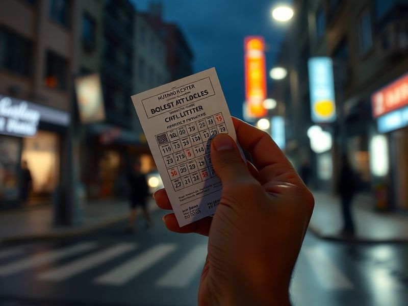 A close-up of a lottery ticket with visible numbers and a glowing jackpot display in the background, set against a dimly lit