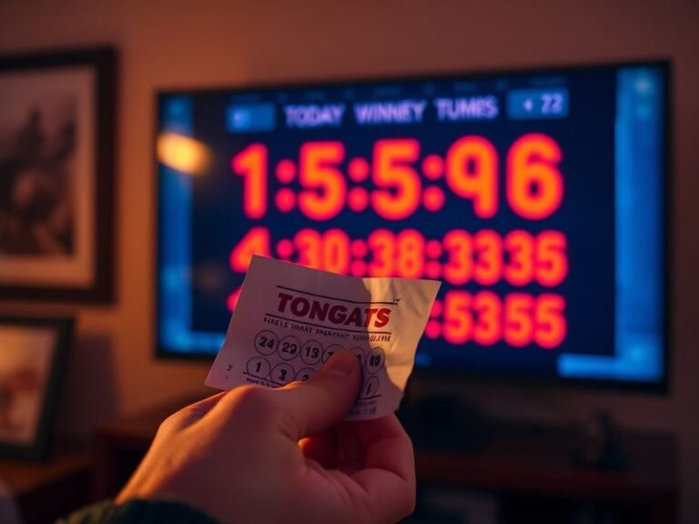 A split-screen image showing a jubilant lottery winner holding a giant check on one side, and a close-up of a lottery ticket