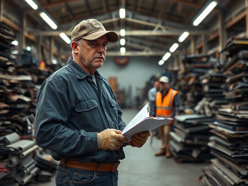 A split-image design: on the left, Darrell Sheets in a warehouse surrounded by auctioned items like vintage guitars and tools
