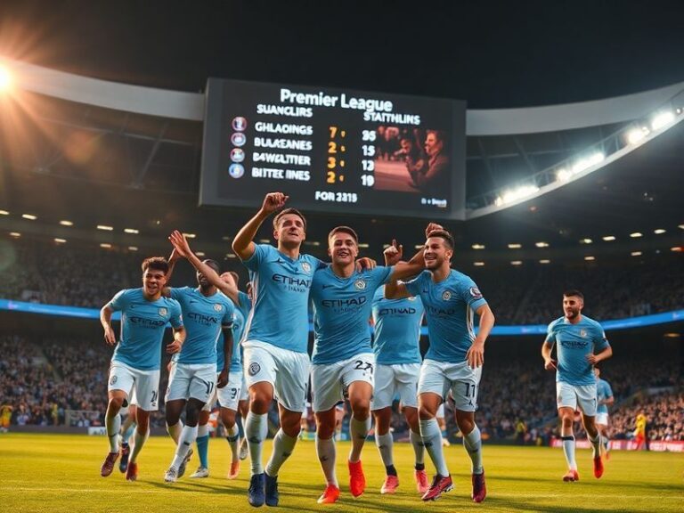 A wide shot of the Etihad Stadium during a Premier League match, with Manchester City players in action under bright stadium