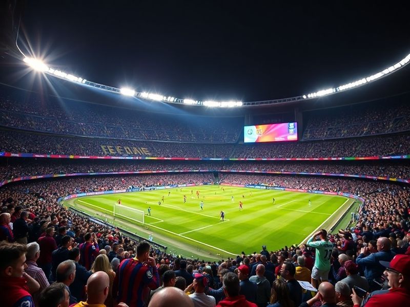 A split-screen image showing a packed Camp Nou stadium on one side and a close-up of a smartphone streaming La Liga on the ot