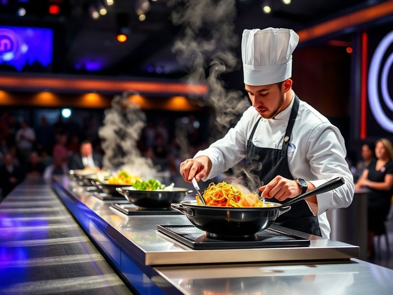 A vibrant split-screen image showing contestants in intense kitchen challenges on one side, and a celebratory moment of a win
