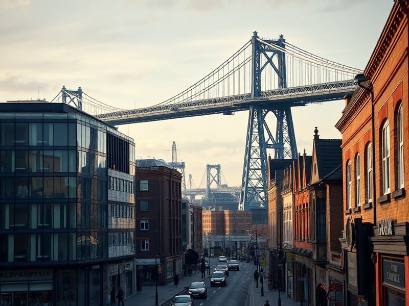 A wide-angle urban scene of Middlesbrough at dusk, featuring the distinctive MIMA building, historic terraced houses, and the