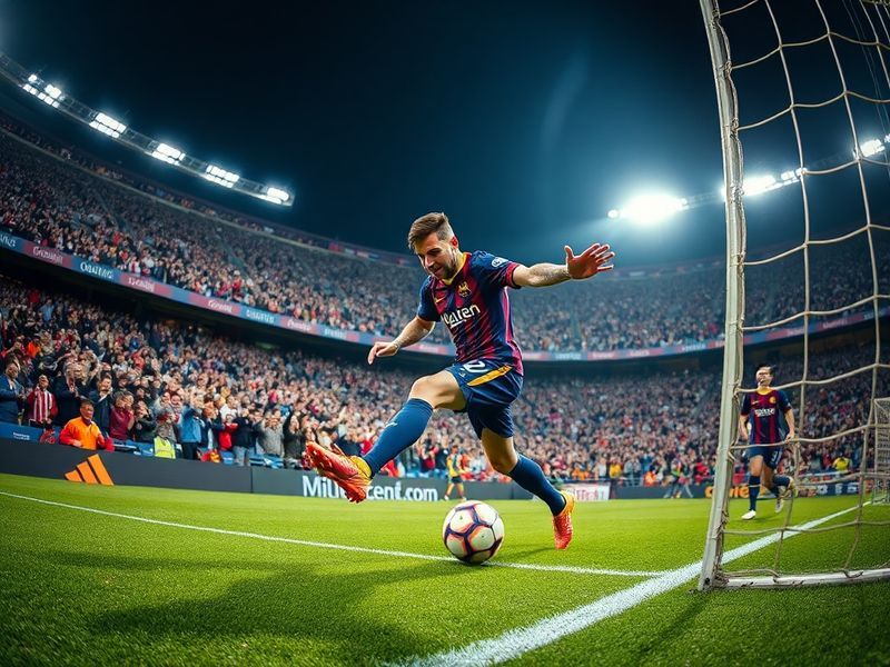 A vibrant shot of Barcelona's players celebrating a goal against Celta Vigo at a packed Camp Nou, with the scoreboard showing