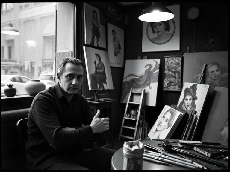 A portrait of Lee Najjar in a dimly lit studio surrounded by vintage instruments and modern production equipment, with a city