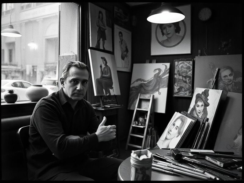 A portrait of Lee Najjar in a dimly lit studio surrounded by vintage instruments and modern production equipment, with a city