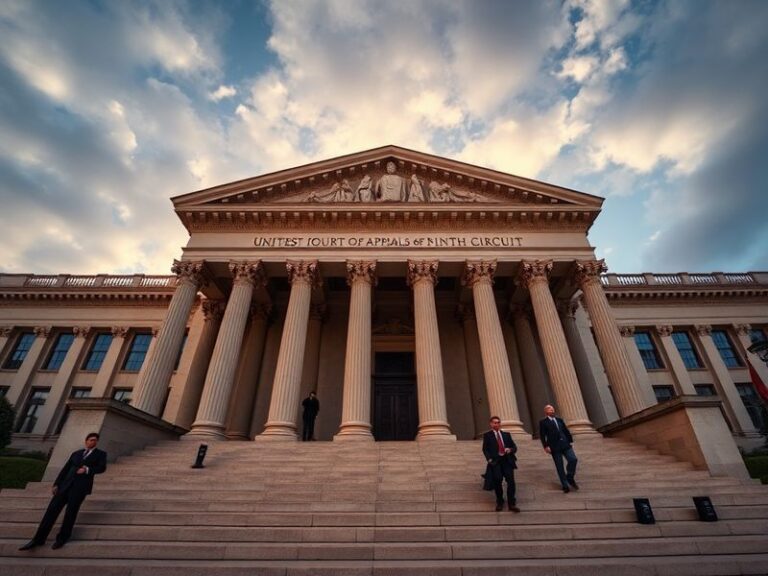 A formal courtroom scene showing a panel of judges on the Ninth Circuit bench, with the scales of justice prominently display