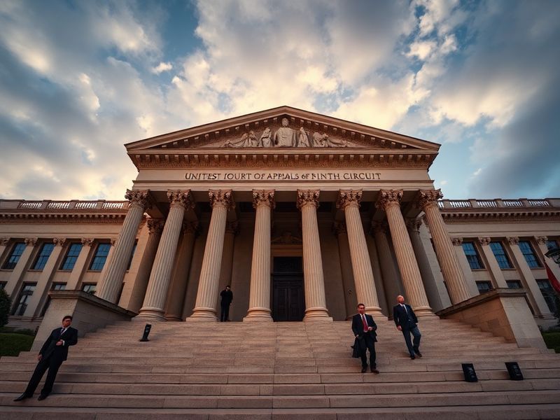 A formal courtroom scene showing a panel of judges on the Ninth Circuit bench, with the scales of justice prominently display