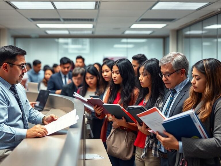 A professional office setting with diverse employees collaborating on a project, with a focus on a digital screen displaying