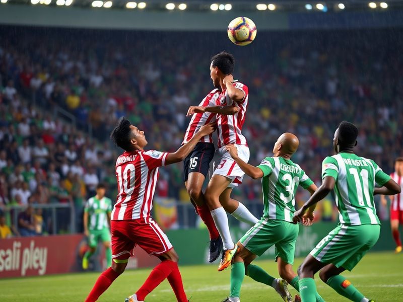A vibrant shot of Vila Belmiro stadium packed with Santos fans, players celebrating a goal, and Coritiba players in blue and