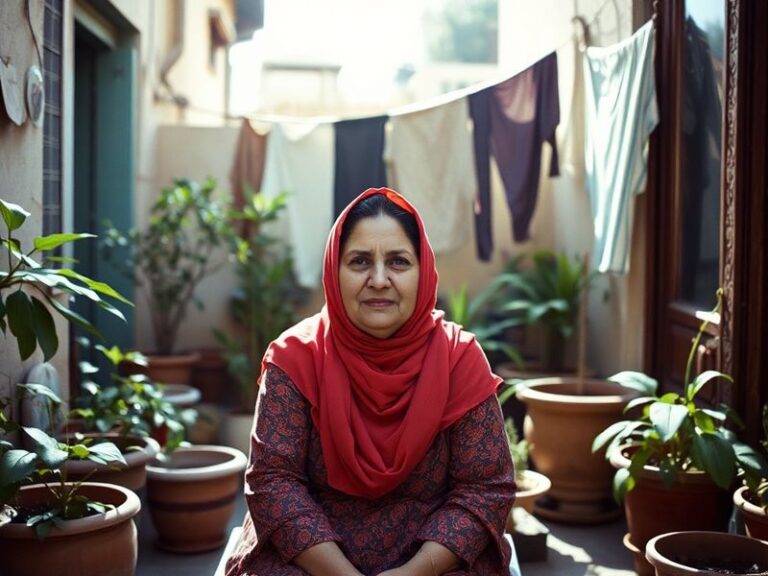 A vibrant studio portrait of Amal Khalil surrounded by her mixed-media artwork, blending Arabic calligraphy with abstract pat