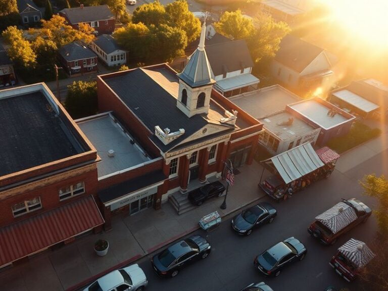 A serene riverside scene in Nahunta, GA, featuring a wooden dock extending into calm waters surrounded by cypress trees and S