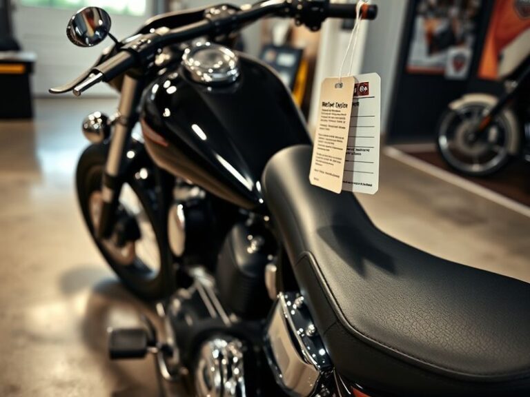 A close-up of a Harley-Davidson Softail motorcycle with a technician inspecting the rear wheel assembly, set against a neutra