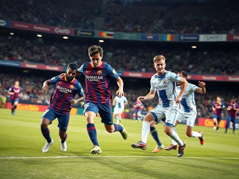 A high-energy shot of FC Barcelona's Lewandowski scoring a goal against Celta Vigo at the Spotify Camp Nou, with players in m