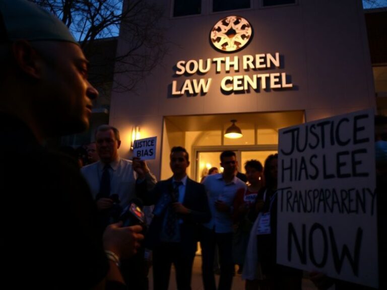 A split-image illustration showing the SPLC's Montgomery headquarters on one side and a protest with signs like 'Justice for
