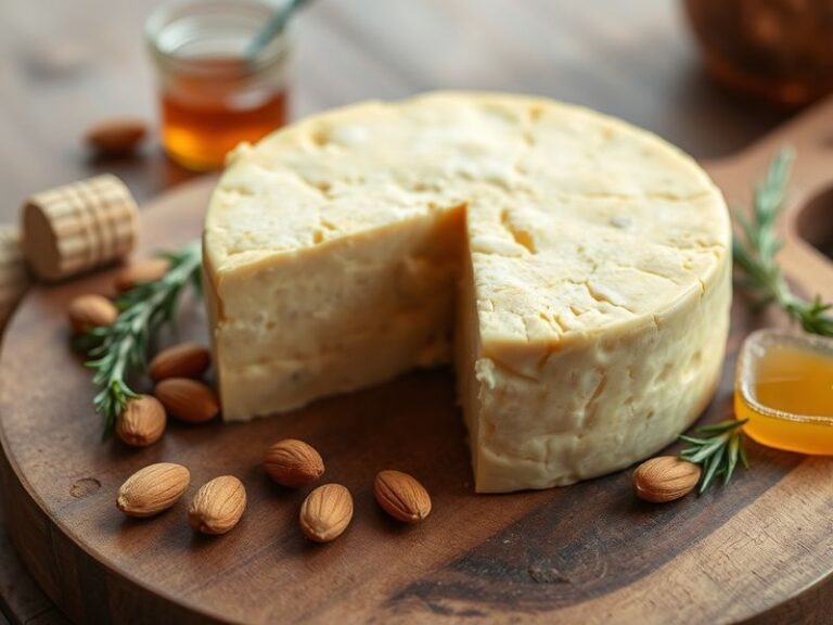A rustic wooden cheese board displaying several wheels and wedges of Asiago cheese at different aging stages, surrounded by f