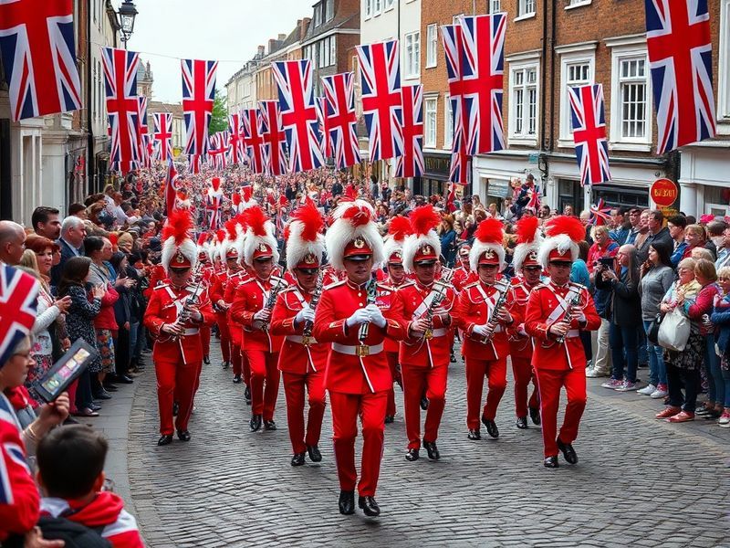 A vibrant scene of St. George's Day celebrations in an English village, featuring Morris dancers in traditional costumes, a r